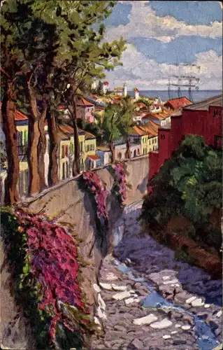 Künstler Ak Insel Madeira Portugal, Bachlauf, Blick auf den Ort, Steinmauer