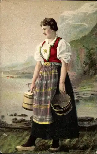 Ak Frau in norwegischer Volkstracht, Wasserträgerin, Eimer