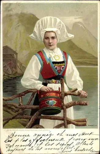 Künstler Litho Eneret, J. F., Frau in Norwegischer Tracht winkt, Eimer, Wasserschöpferin