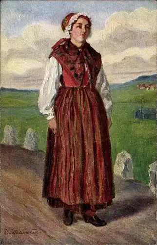 Künstler Ak Dalarne Dalarna Schweden, Kyrkdräkt, Järna socken, Frau in schwedischer Volkstracht
