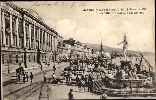 Ak Messina Sizilien, Prima del disastro del 28 dicembre 1908, Il Corso Vittorio Emanuele col Nettuno