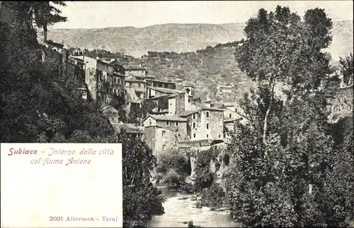 Ak Subiaco Lazio, Interno della città col fiume Aniene