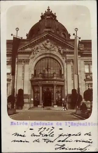 Foto Ak Düsseldorf am Rhein, Ausstellung 1907, Eingang Ausstellungsgebäude
