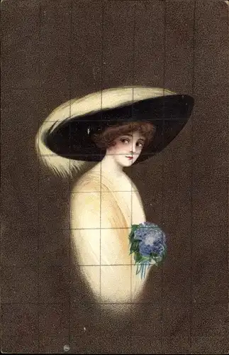 Ak Portrait einer Frau, Hut mit Federn, Blumen