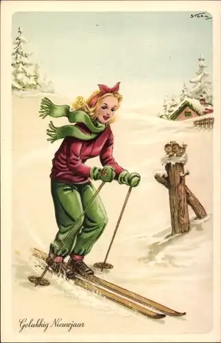 Künstler Ak Glückwunsch Neujahr, Mädchen fährt Ski