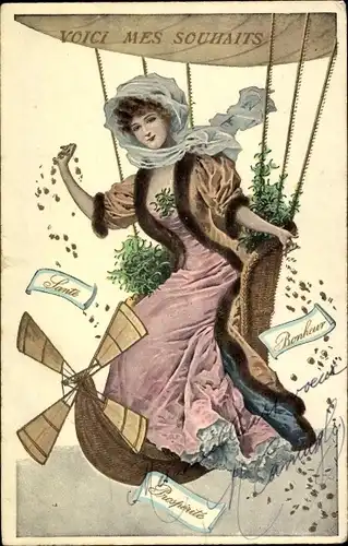 Ak Frau streut Münzen aus Ballon