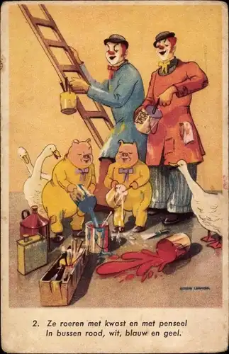 Künstler Ak Schweine füllen Farbtöpfe auf, Clowns, Gänse, Vermenschlichte Tiere