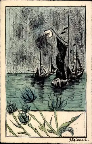 Mondschein Künstler Ak Bineard, Segelpartie, Segelboote, Blumen