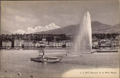 Ak Genf Genf Schweiz, Stadt, Salondampfer, Fontäne, Stadt, Mont Blanc