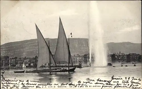 Ak Genf Genf Schweiz, Segelboot mit Stadt im Hintergrund