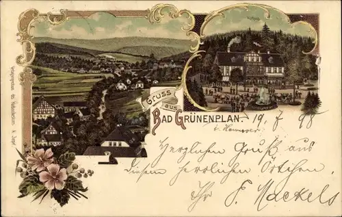 Litho Grünenplan Delligsen Niedersachsen, Kurhaus, Blick auf den Ort