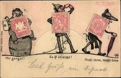 Briefmarken Ak 31.3.1902, Abschied der württembergischen und bayrischen Marke