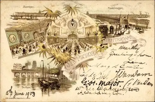 Litho Rotterdam Südholland Niederlande, Cafe Pschorr, Boompjes, Maasbruggen