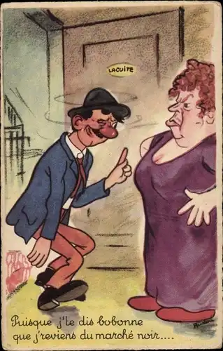 Künstler Ak Boudou, Betrunkener Mann kehrt Heim, wütende Ehefrau