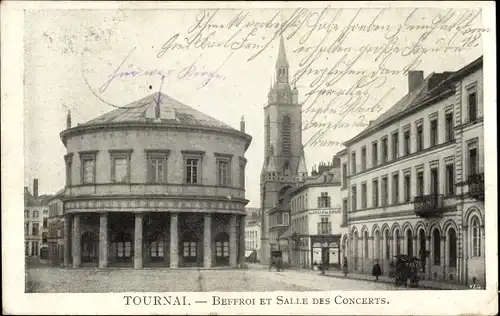 Ak Tournai Wallonien Hennegau, La Salle des Concerts et Beffroi, Konzertsaal, Glockenturm