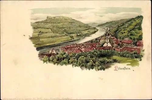 Litho Bad Schandau an der Elbe, Lilienstein, Panorama