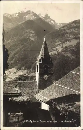 Ak Gryon Kanton Waadt, Église de Gryon et les dents de Morcles