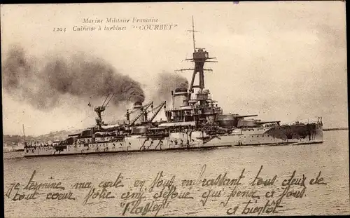 Ak Französisches Kriegsschiff, Marine Militaire Francaise, Cuirassé a turbines Courbet