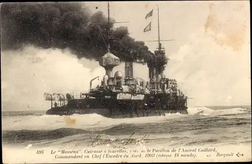 Ak Französisches Kriegsschiff, Marine Militaire Francaise, Cuirassé a tourelles La Massena
