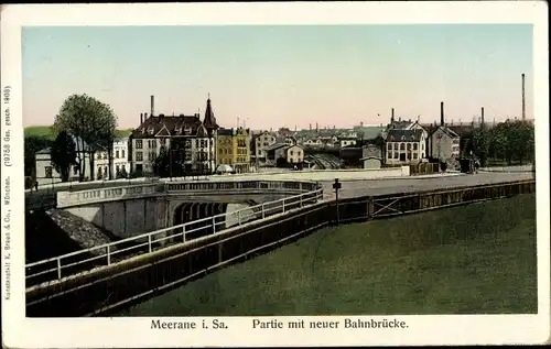 Golden Windows Leuchtfenster Ak Meerane in Sachsen, Partie mit neuer Bahnbrücke