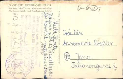 Ak Lederhose in Thüringen, Gasthof Lederhose, Totalansicht, Gedicht