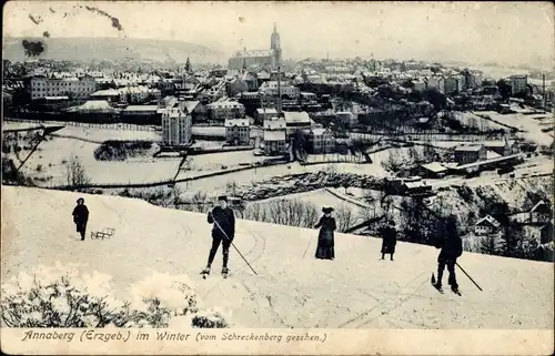 Ak Annaberg Buchholz Erzgebirge, Skifahrer auf dem Schreckenberg, Winterpanorama