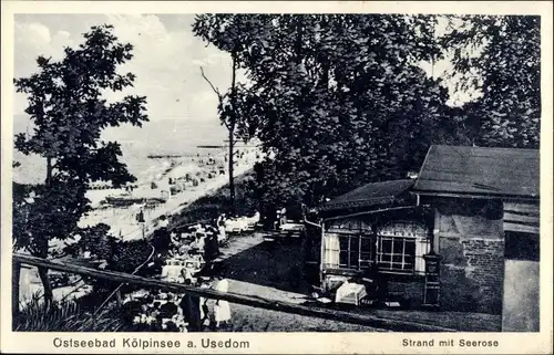 Ak Ostseebad Kölpinsee auf Usedom, Strand mit Seerose