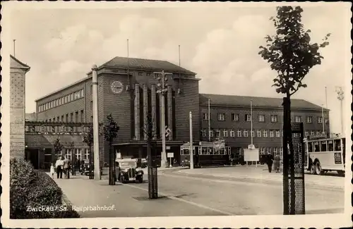 Ak Zwickau in Sachsen, Hauptbahnhof, Straßenbahn Linie 1