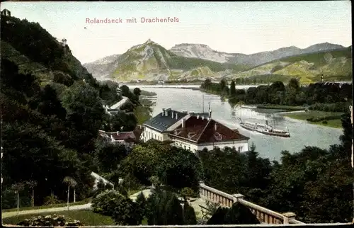 Ak Rolandseck Remagen am Rhein, Blick zum Drachenfels, Dampfer