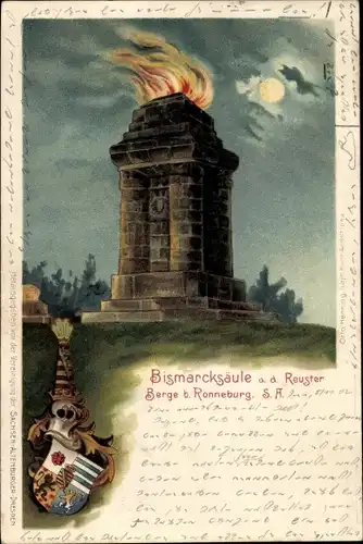 Wappen Litho Reust Rückersdorf Thüringen, Bismarcksäule auf dem Reuster Berg