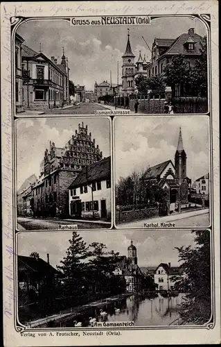 Ak Neustadt Orla, Bismarckstrasse, Rathaus, Katholische Kirche, Gamsenteich