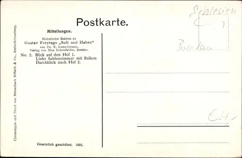 Künstler Ak Loeschmann, E., Wrocław Breslau Schlesien, Sabinezimmer, Hof 1, Soll und Haben