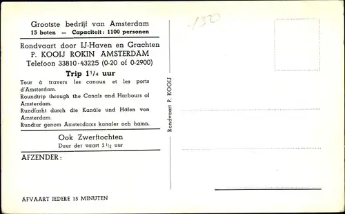 Ak Amsterdam Nordholland, Rondvaart dor IJ-Haven, Rundfahrtschiff auf der Amstel, P. Kooij, Rokin