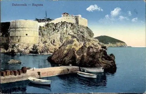 Ak Ragusa Dubrovnik Kroatien, Blick auf den Ort, Hafenpartie, Boote