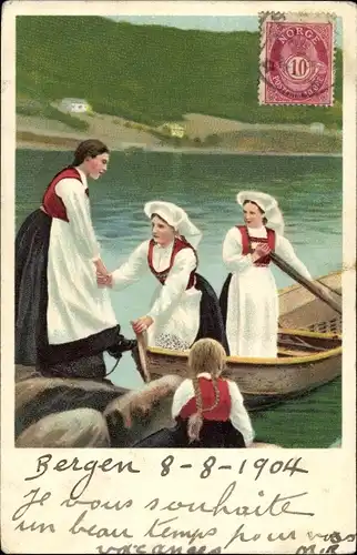 Litho Frauen in norwegischen Tracht bei Rudern, Ruderboot