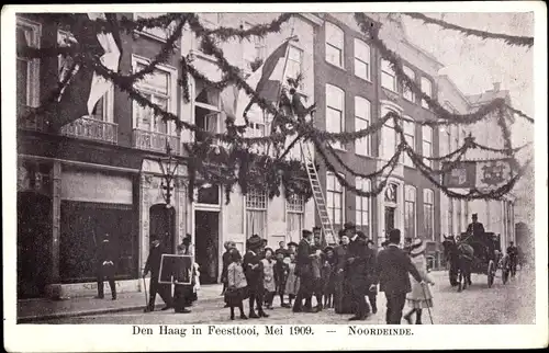 Ak Den Haag Südholland Niederlande, Noordeinde, Festschmuck Mai 1909