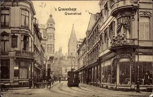 Ak 's Gravenhage Den Haag Südholland, Gravenstraat, Straßenbahn, Geschäfte