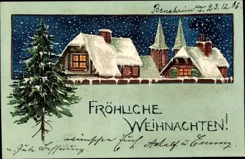 Präge Ak Glückwunsch Weihnachten, Stadtpartie, Schnee, Tannenbaum