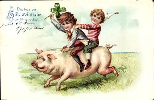 Präge Ak Glückwunsch Neujahr, Kinder auf Schwein reitend, Glücksklee