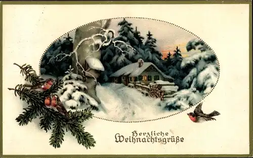 Ak Glückwunsch Weihnachten, Dorfpartie, Vogel, Tannenzweige