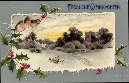 Präge Ak Glückwunsch Weihnachten, Schloss, Schneeszene, Stechpalme