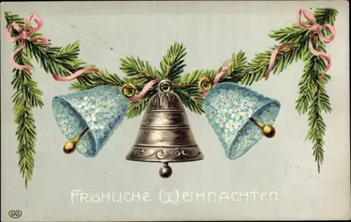Präge Ak Glückwunsch Weihnachten, Glocken, Tannenzweige