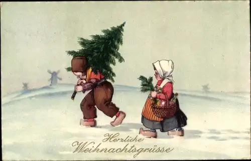 Ak Glückwunsch Weihnachten, Kinder, Tannenbaum, Niederländische Tracht