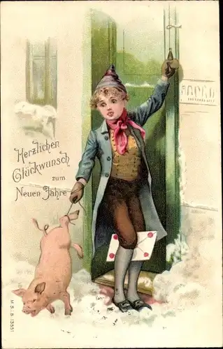 Präge Ak Glückwunsch Neujahr, Kind an der Tür, Schwein, Brief