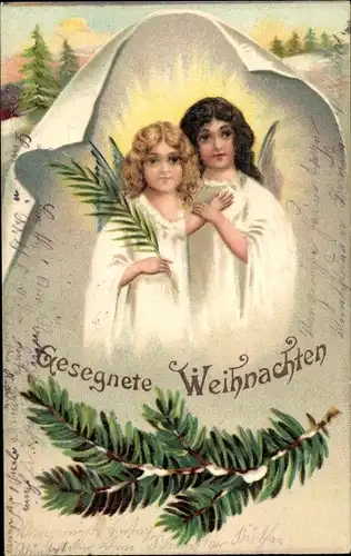Präge Litho Glückwunsch Weihnachten, Engel, Tannenzweige