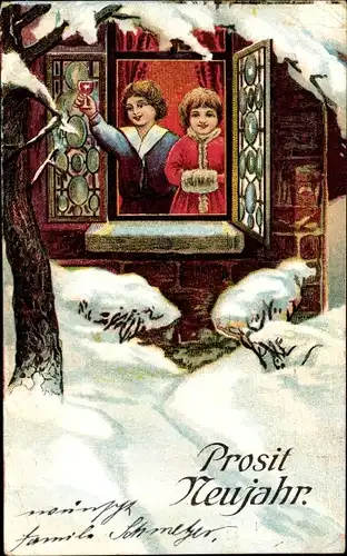 Ak Glückwunsch Neujahr, Kinder am Fenster, Sektglas