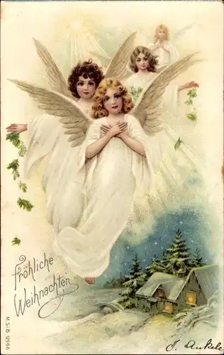 Litho Frohe Weihnachten, Engel, verschneites Haus