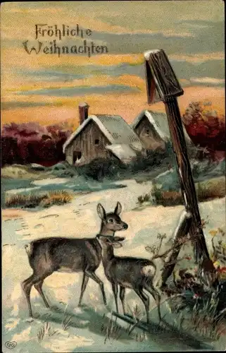 Präge Ak Glückwunsch Neujahr, Rehe, Wohnhäuser