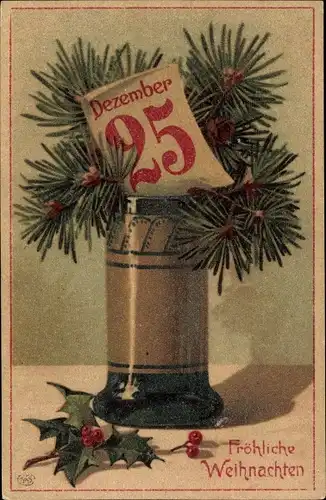 Ak Glückwunsch Weihnachten, Kalender, Stechpalme, Blumenvase, Tannenzweige