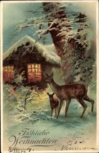 Präge Litho Glückwunsch Neujahr, Rehe, Wohnhaus